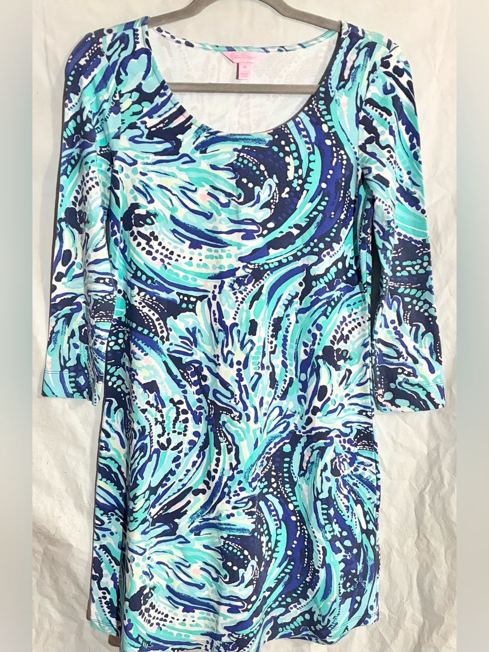 Lilly Pulitzer Teal Shift Dress Sz XS Abstract Water Coastal Resort Preppy
